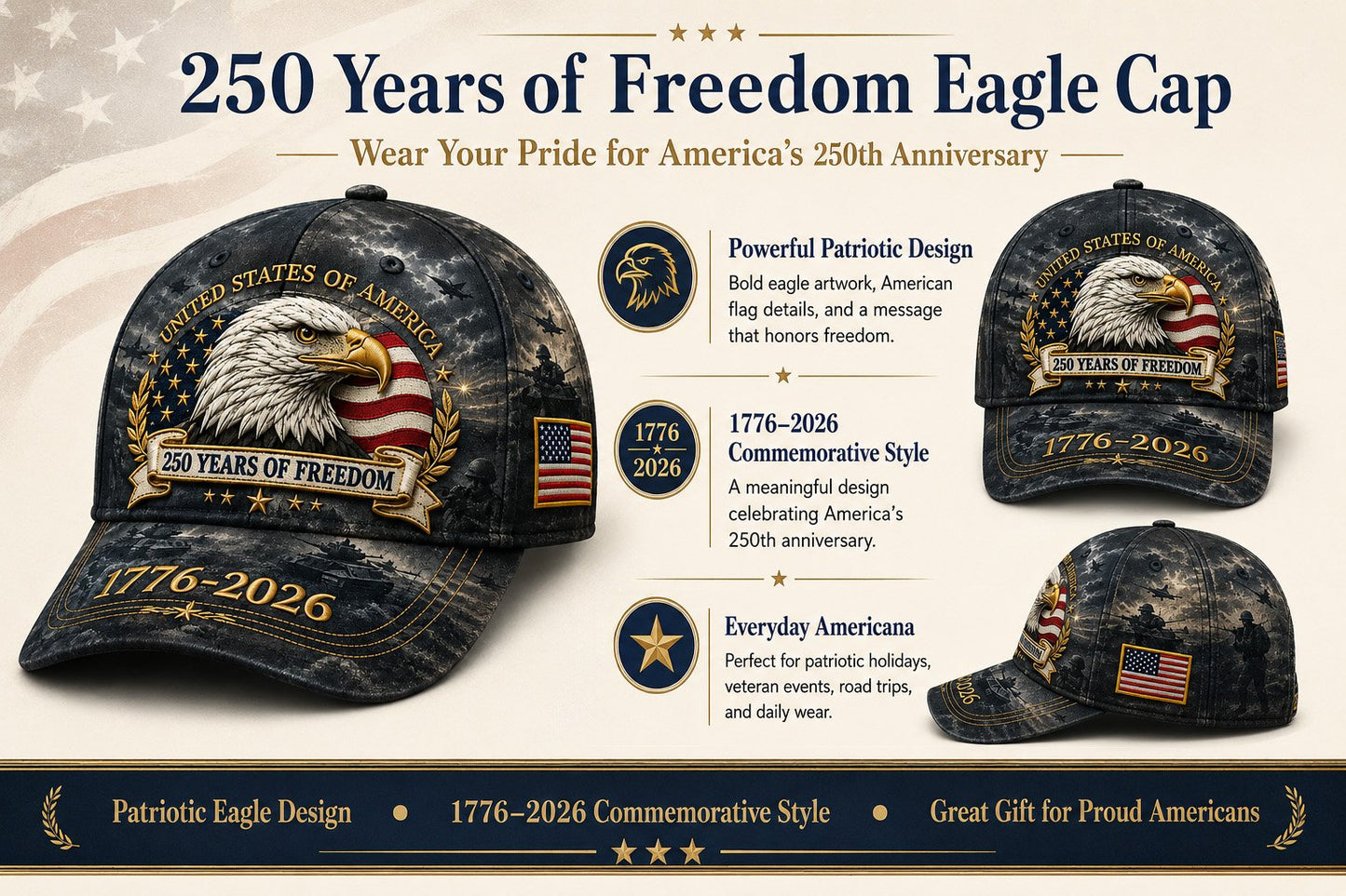 ✨250 Years of Freedom Eagle Cap | Embroidered Patriotic Vintage Baseball Hat – 1776–2026 American Tribute Edition