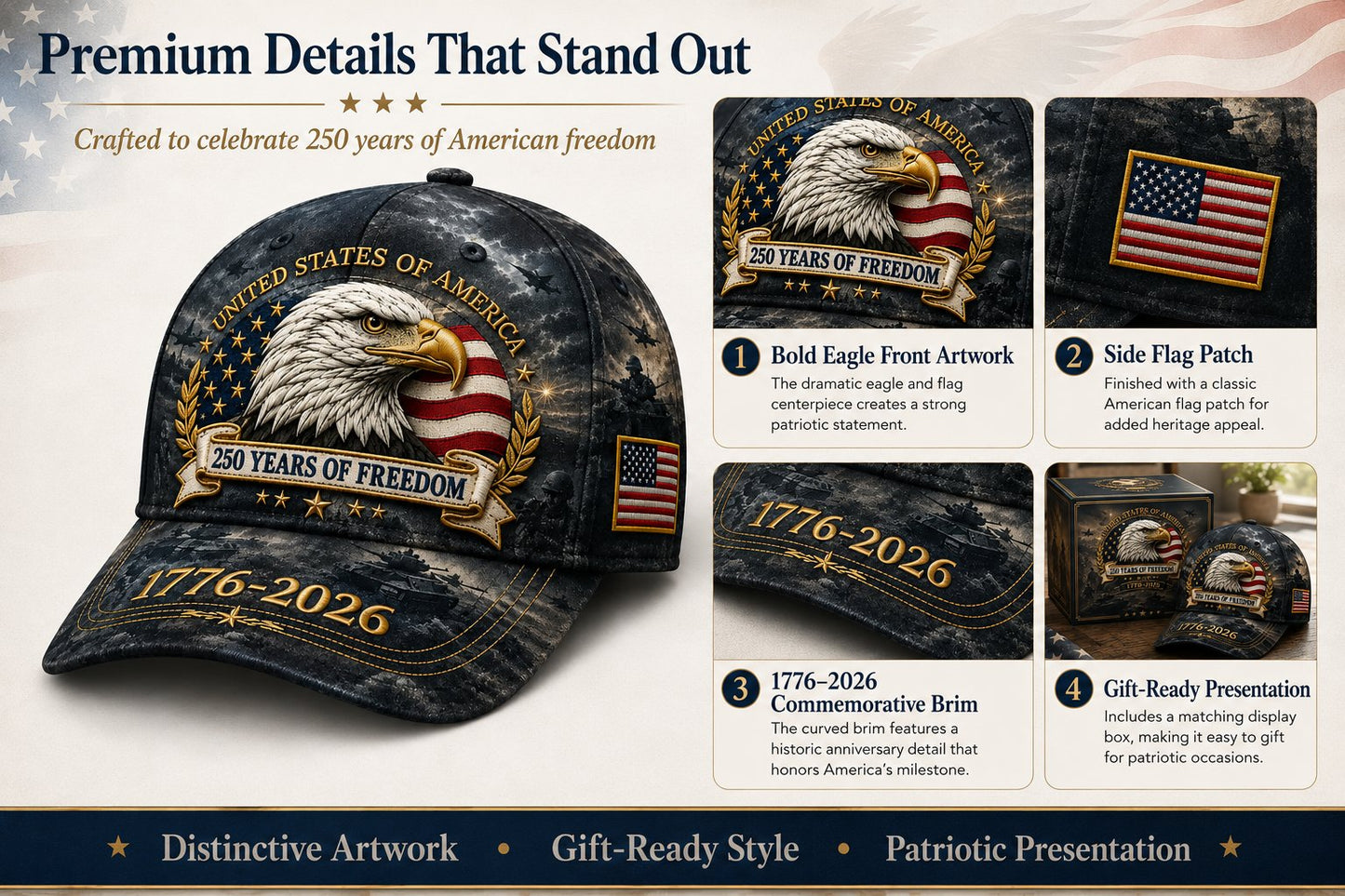 ✨250 Years of Freedom Eagle Cap | Embroidered Patriotic Vintage Baseball Hat – 1776–2026 American Tribute Edition