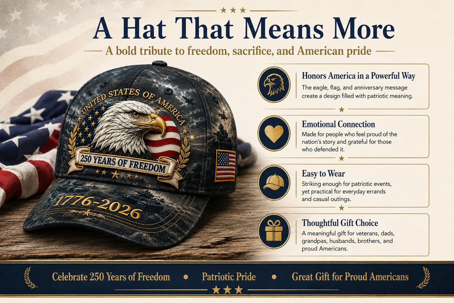 ✨250 Years of Freedom Eagle Cap | Embroidered Patriotic Vintage Baseball Hat – 1776–2026 American Tribute Edition