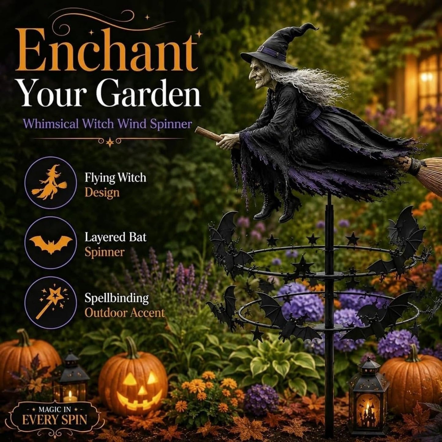 🔥50% OFF TODAY🔥 Enchanted Witch Garden Wind Spinner 🧙‍♀️🎃 Outdoor Halloween Yard Decor for Patio, Porch & Garden