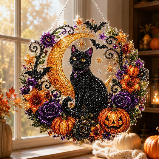 🎃 Halloween Black Cat Moon Diamond Art Hanging Ornament Kit
